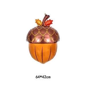 Realistic acorn-shaped foil balloon with orange leaves for festive Thanksgiving decoration