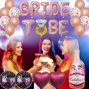 Rose gold Bride to Be balloon set for bachelorette parties with champagne and diamond ring