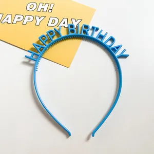 Close-up of sky blue birthday headband with HAPPY BIRTHDAY letters and non-slip teeth