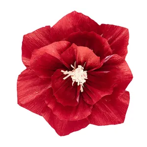 Deep red handmade crepe paper flower with cream stamen for wedding backdrop decor