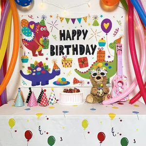 Cartoon dinosaur happy birthday backdrop and tablecloth set for kids party decoration