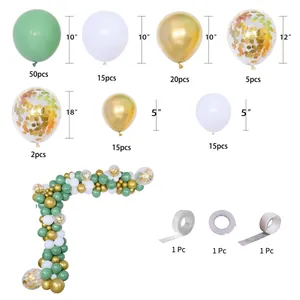 Detail of avocado green and gold balloon arch kit including various sizes and tools