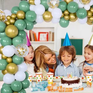 Sage green and gold balloon arch kit for birthday party decorations with confetti balloons