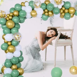 Sage green and gold balloon arch kit with metallic and confetti accents for party decor