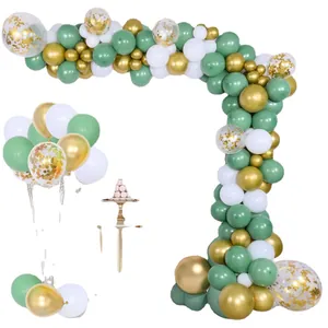 Avocado green and gold balloon arch kit for jungle-themed birthday party decoration