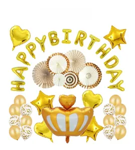Goldenes Geburtstagsparty-Set mit Kronen-Folienballon, Glitzerballons und Papierfächern