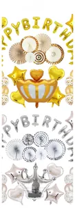 Flachbild von Gold und Silber Geburtstag Ballon-Sets mit Kronen und Papierfächern