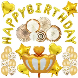 Gold Krone Geburtstag Luftballon Set Aluminiumfolie Happy Birthday Buchstaben Sterne Herzen Papier Fächer Party Dekoration Geschenk