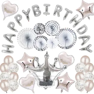 Silbernes Happy Birthday Party-Set mit Kronen-Folienballon, Papierfächern und Ballons