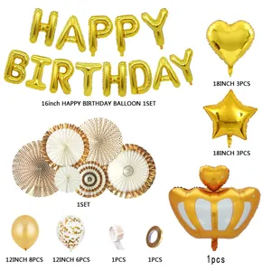 Goldenes Alles Gute zum Geburtstag Ballon Set mit Krone, Herz und Stern Dekorationen