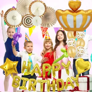 Goldenes Geburtstagsparty-Set mit HAPPY BIRTHDAY Ballons, Krone und Papierfächer-Dekoration
