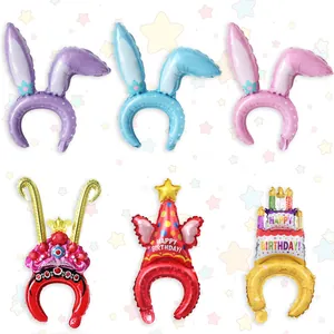 Inflatable Aluminum Foil Balloon Headband For Kids Birthday Party Decorative Cartoon Rabbit Ear Crown Cake Style Party Favor