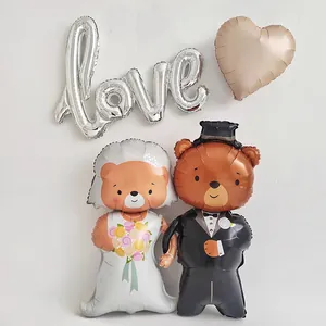 Set de ballons ours de mariage avec lettres love argentées et cœur or rose pour décoration