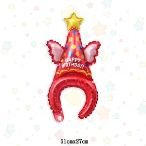 Red birthday foil balloon headband with gold stars and pink wings for party decor