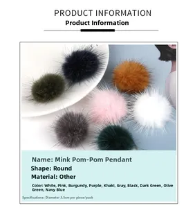 Detailed view showing 3.5cm round mink fur pom-pom pendant specifications and colors