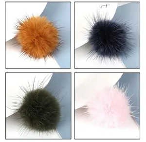 Detail of fluffy mink fur ball pendants in yellow, navy, dark green, and pink for DIY earrings