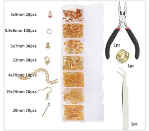 DIY jewelry making kit with lobster clasps, earring hooks, and tools in a plastic box