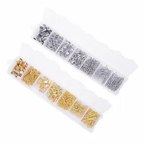 Gold and silver DIY jewelry kit with lobster clasps, jump rings, and ear hooks in boxes