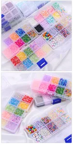 Detail of DIY bead kit with colorful seed beads, alphabet charms and smiley face beads