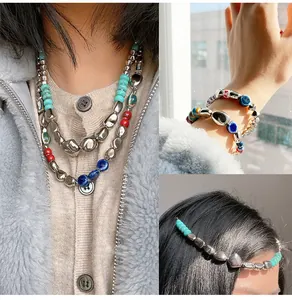 Detail showing irregular silver CCB beads and colorful stones on a bohemian bracelet set