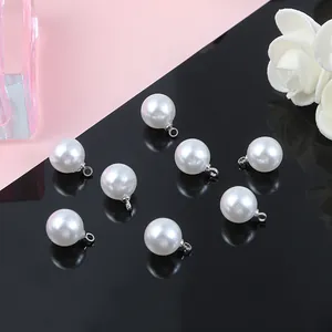 Set of 8 round white ABS faux pearl pendants with silver loops for DIY jewelry making