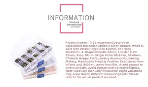 Detailed technical info of 10-compartment jewelry kit with lobster clasps and hooks