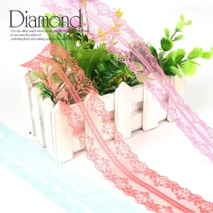 Detail of 4cm floral lace trim in pink and blue draped over a white decorative fence