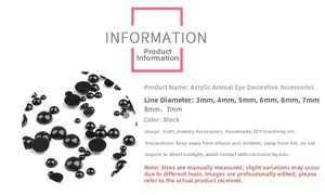 Detailed size chart of black acrylic half-round eyes for DIY animal plush toys
