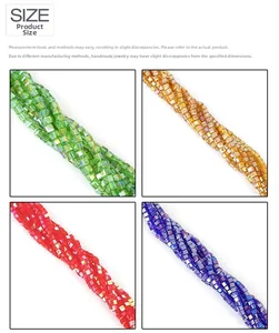 Macro view of multifaceted crystal glass square beads in green, amber, red and blue colors