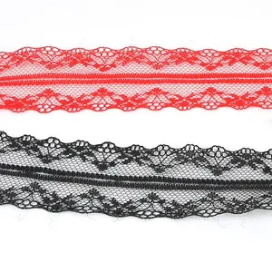 Exquisite 4cm polyester lace trim in red and black with wavy mesh design for DIY sewing