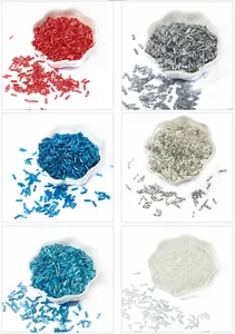 Detailed grid of 2x6mm bugle beads in six colors including red, silver, and blue