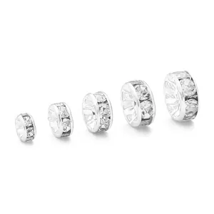 Silver 14K plated rondelle spacer beads with clear rhinestones in five graded sizes