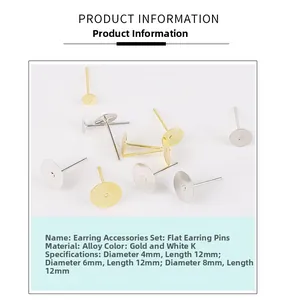 Flat head earring studs in gold and silver alloy for DIY jewelry, 4mm/6mm/8mm sizes
