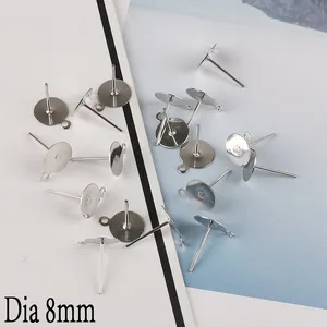 Detail view of 8mm silver DIY stud earring posts with loop for jewelry making