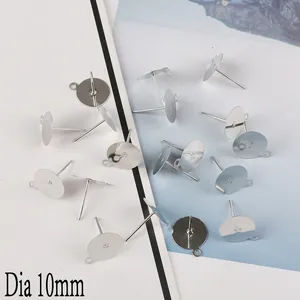 Detailed view of 10mm silver plated flat pad ear studs with loops for DIY jewelry making
