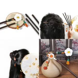 Classical wooden hair stick set with floral tassel and beads for Hanfu hair accessories