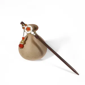 Classic wooden hair stick with elegant metal flower and red bead tassel for Hanfu style