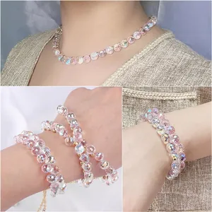 Iridescent AB crystal glass teardrop bead jewelry set including layered necklace and bracelet