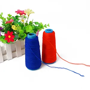 Two rolls of high elasticity polyester sewing thread in red and blue on white background