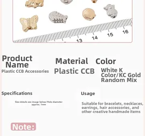 Detailed specs of CCB plastic beads in butterfly and fish shapes with 1mm hole for DIY