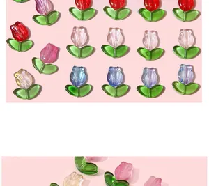 Macro detail of tulip-shaped glass beads in pink and purple for DIY jewelry making