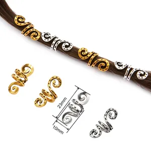 Spiral metal dreadlock hair rings in gold and silver finish with engraved texture