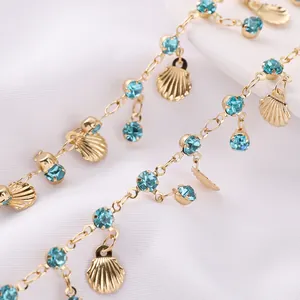 Golden shell and blue crystal chain jewelry with nautical charms for clothing accessories