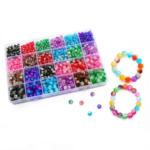 Kit bijoux DIY avec 24 couleurs de perles de verre craquelé 8mm pour bracelets
