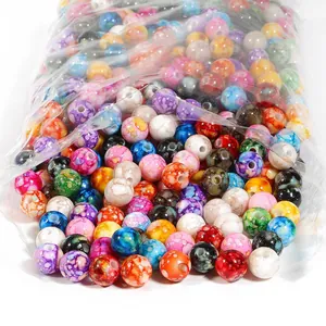 Perles Fleurs en Acrylique Motif Imitation Céramique Perles en Vrac Rondes Motif Marbre Lavis pour Création de Bijoux DIY