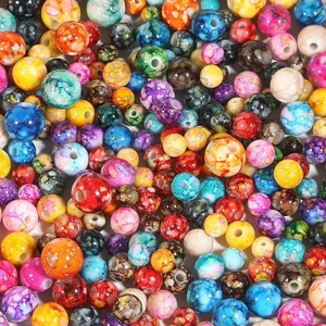 Perles rondes en acrylique colorées avec motif marbré imitation céramique pour bijoux DIY
