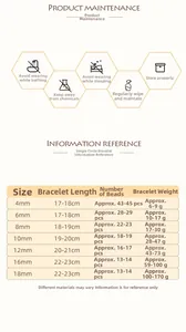 Detailed size chart for faceted natural stone beads with maintenance instructions