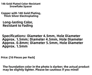 Detailed size chart for 14K gold-filled snowflake spacers in 4.5mm and 5.5mm sizes