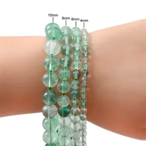 Comparison of 4mm to 10mm green fluorite bead bracelets on wrist showing various sizes