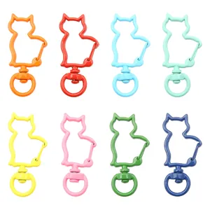 Cat-shaped metal lobster clasp keychain hooks in eight vibrant macaron lacquer colors